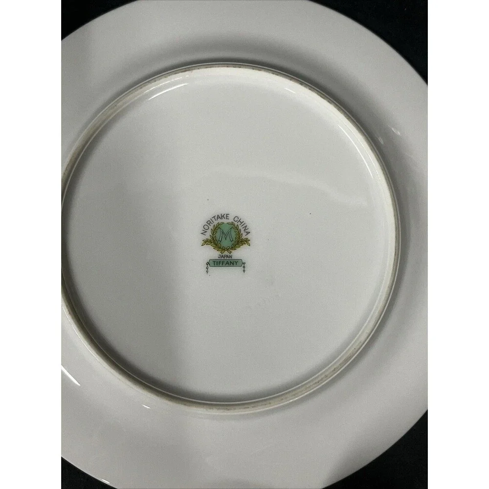 1930s Noritake Tiffany M Dessert Plates 7.5” Gold Trim Ivory Aqua Beige 2 PC HTF
